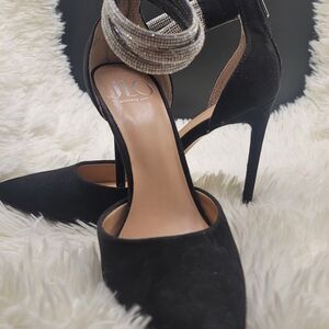 Jennifer Lopez Black Suede Stiletto Heels with Rhinestone Ankle Wrap